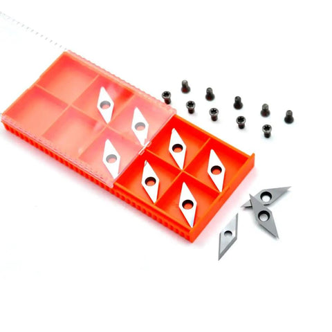 Sharp As A Tack Diamond Carbide Replacement Cutters For Wood Lathe Turning and shop detailing, ten blades with screws in an orange case.