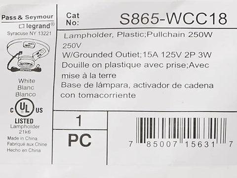 Label of White Ceiling Lamp Holder With Pull Chain 250W 250V Medium Base A26 Lampholder Plastic 15 Amp Outlet
