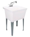 White Utility Sink With Pull Out Chrome Faucet And Sprayer for Laundry Room Basement Garage Or Shop, freestanding on metal legs