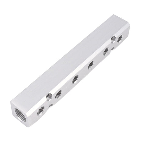 Two Pack Six Way Eight Port Air Compressor Manifold Block With One Quarter Inch NPT Output Ports And One Half Inch NPT Supply Port Heavy Duty Aluminum Alloy Air Distribution Block For Pneumatic Systems close view