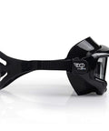 Side view of Panoramic Three Window Snorkel Mask Go To Gear With Tempered Glass Anti Fog Seal Nose Cover No Leakage, black silicone strap