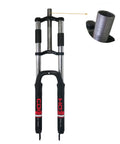 Beefed Up 26 Inch Suspension Fork With 1 Inch Threaded Steerer 25.4mm Straight Tube Double Shoulder Design Disc Brake Mount 50mm Caliper Bracket Fits 26x2.325 Tire Black, close-up of threaded steerer