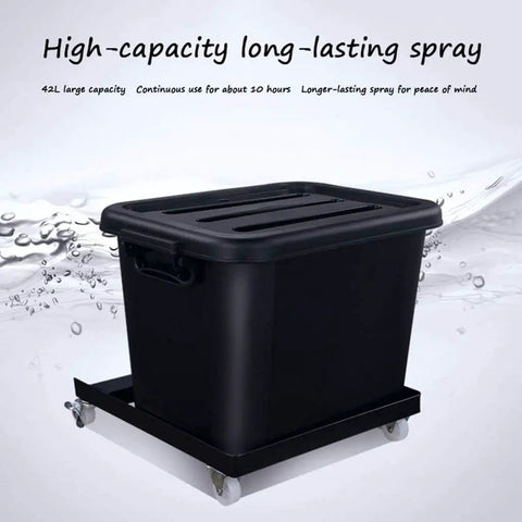 Heavy Duty Three Speed Floor Cooling Fan With Adjustable Mist Spray And High Velocity Air Circulation, black spray tank on wheels, 42L capacity.
