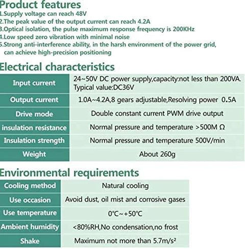 DM542 CNC digital microstep driver spec sheet with 24-50V DC input, 4.2A max, PWM drive for Nema 17/23/34