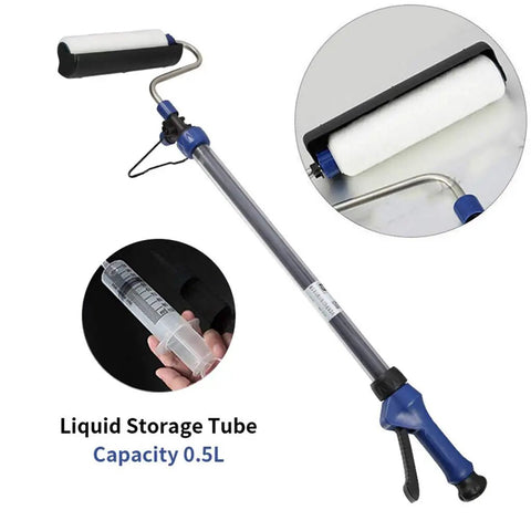 Top Notch Storage Injection Paint Roller Set With Built In Pipette For A Slick No Mess Polyurethane Finish Includes Four Heavy Duty Decorative Cylinders showing paint roller with liquid storage tube and pipette.