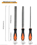 Heavy Duty Three Piece Wood Rasp File Set With Eight Inch Round Half Round And Flat Steel Files Featuring Soft Rubber Grip Handles For Pro Carpenters Knocking Down Rough Surfaces And Smoothing Hardwood Like A Champ, showing sizes and grip handles.