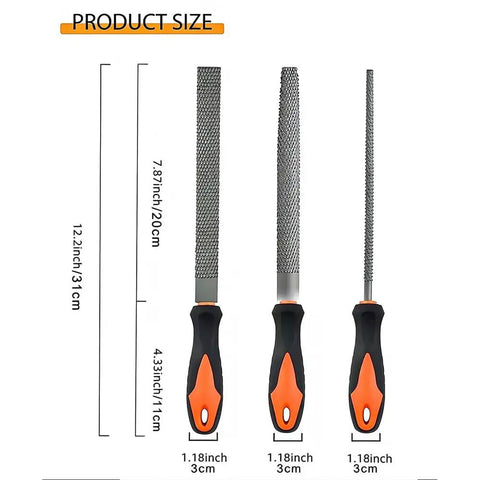 Heavy Duty Three Piece Wood Rasp File Set With Eight Inch Round Half Round And Flat Steel Files Featuring Soft Rubber Grip Handles For Pro Carpenters Knocking Down Rough Surfaces And Smoothing Hardwood Like A Champ, showing sizes and grip handles.