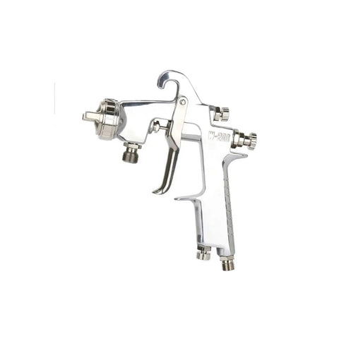 Professional Manual Pneumatic Paint Sprayer With Hella Adjustable Wide Fan Pattern For Smooth Auto Touch Ups And Precision Painting Tasks Lightweight Ergonomic Design For All Day Use side view of the sprayer showing adjustable nozzle components