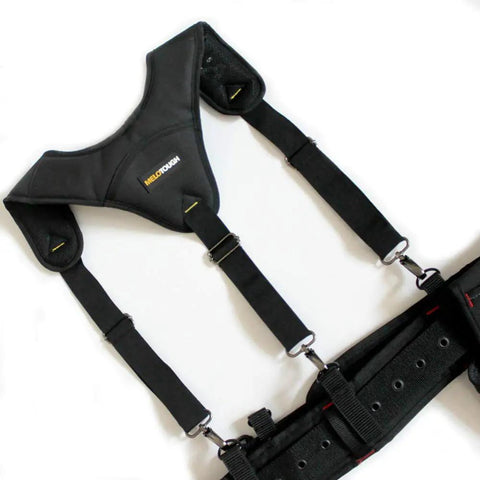 Padded Tool Belt Suspenders Three Point Support With Three Pack Loops, Adjustable Shoulder Clips, Nickel Plated Steel Hooks