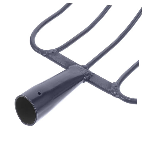 Close-up of steel tines on Multi Functional Manure Fork For Lawn Care And Farm Use A Rugged Heavy Duty Pitch Fork For Clearing Debris And Manure Handheld Agricultural Tool Versatile Grass And Soil Fork For Rural Maintenance With Durable Steel Construction.