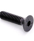 Close-up of a 50 Pieces M5 X 30mm Flat Head Socket Cap Screw, black oxide finish, 10.9 grade alloy steel, full thread bolt