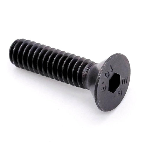 Close-up of a 50 Pieces M5 X 30mm Flat Head Socket Cap Screw, black oxide finish, 10.9 grade alloy steel, full thread bolt