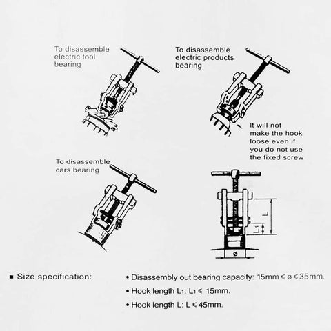 OriGlam adjustable two-jaw gear puller remover tool, 2-inch, carbon steel; instruction diagrams for bearing removal