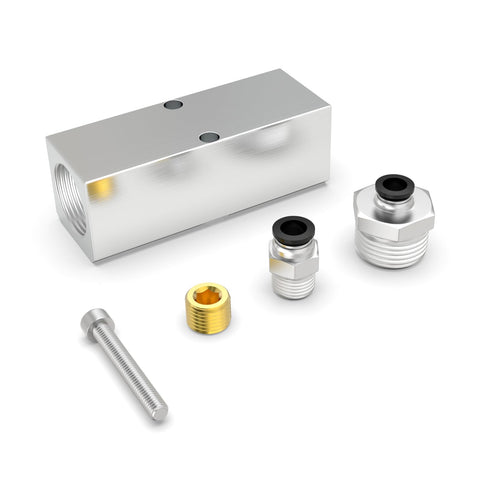 Aluminum Air Manifold 2 Way 4 Port Block Splitter with 1/4 NPT Output and 1/2 NPT Supply, push to connect fittings, bolt