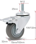 Beefy 75mm Heavy Duty Rubber Caster Wheels For Furniture And Carts, M12 Swivel Stem With Brake, Quiet No Noise Castors