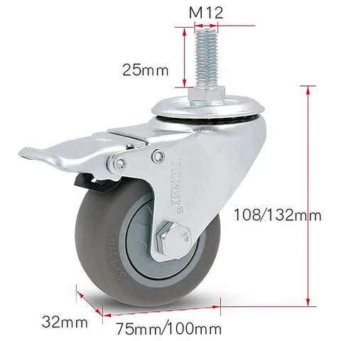 Beefy 75mm Heavy Duty Rubber Caster Wheels For Furniture And Carts, M12 Swivel Stem With Brake, Quiet No Noise Castors