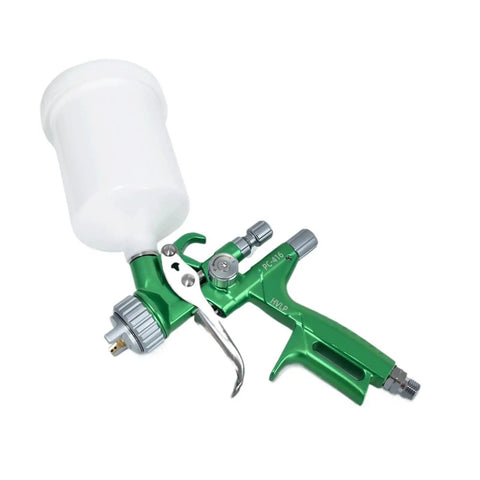 Delivers Low Pressure High Atomization To Lay Down A Smooth As Butter Finish On Auto Panels And Furniture Touch Ups With A Relentless Pc 416 Manual Spray Gun That Knocks Out Overspray Like A Champ, featuring green body and attached paint cup.