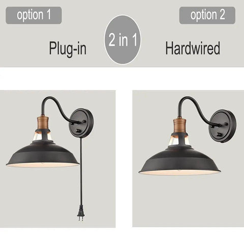 2 Pack Farmhouse Plug In Wall Sconces With Gooseneck Arms And Barn Shade Matte Black Finish With Antique Brass Lamp Heads