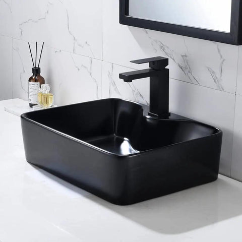 Matte Black Vessel Sink With Faucet And Drain Combo For Bathroom, 19 By 15 Inches Rectangular Above Counter Ceramic Art Basin