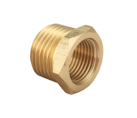1/2 Inch NPT Male To 3/8 Inch NPT Female Brass Hex Bushing Reducer Pipe Fitting, side view brass adapter.
