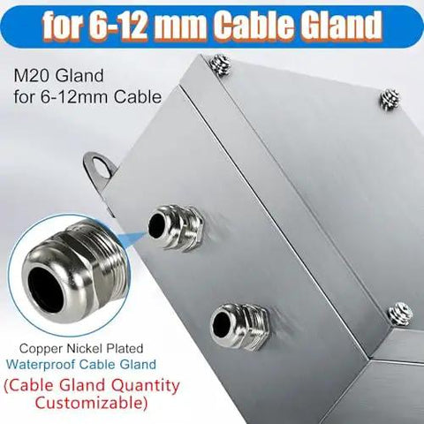Close-up of Weatherproof 304 Stainless Steel Junction Box with 3 cable glands, showcasing copper nickel plated M20 gland for 6-12mm cables.
