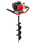 Gas Powered Earth Auger With 6 Inch Digger Bit For Post Holes And Tree Planting, 2 Stroke Engine, shown upright.