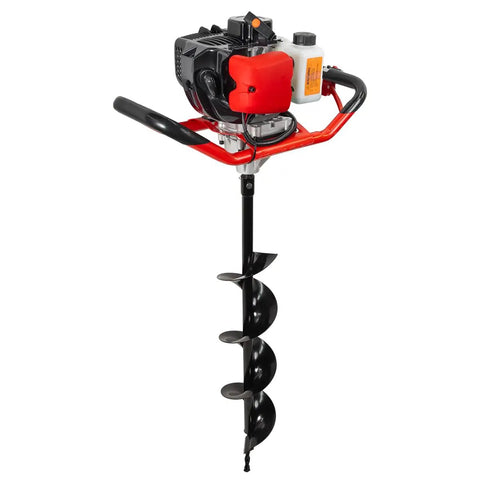 Gas Powered Earth Auger With 6 Inch Digger Bit For Post Holes And Tree Planting, 2 Stroke Engine, shown upright.