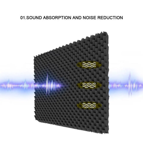 Top Shelf Pro Grade Self Adhesive Egg Crate Acoustic Panels to Knock Out Room Echo High Density Sound Absorbing Fireproof Wall Foam Roll Black Coverage Quick Install Home Setup, demonstrating sound absorption.