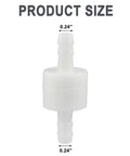 Inline check valve, PVDF plastic, white with 1/4 inch barbed ends (front view)