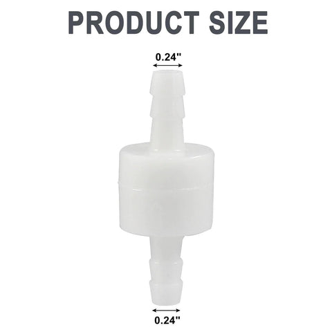 Inline check valve, PVDF plastic, white with 1/4 inch barbed ends (front view)