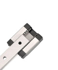 Top Shelf Linear Motion Guide Rail Kit Featuring Black Roller Carriage Block Built Tough And Slick As A Whistle For Smooth Zero Backlash Travel On Diy Cnc Projects - close-up view of black carriage block and rail.