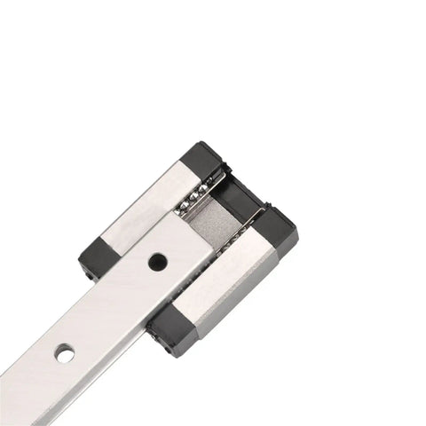 Top Shelf Linear Motion Guide Rail Kit Featuring Black Roller Carriage Block Built Tough And Slick As A Whistle For Smooth Zero Backlash Travel On Diy Cnc Projects - close-up view of black carriage block and rail.