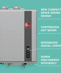 Heavy Duty 9 Point 5 GPM Liquid Propane Tankless Water Heater Indoor With 199900 BTUs Condensing Design WiFi Smart Control on blue background.