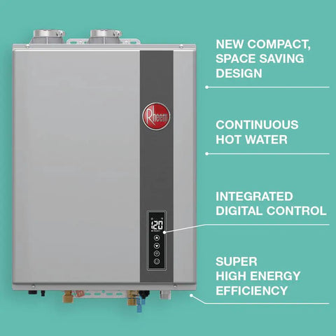 Heavy Duty 9 Point 5 GPM Liquid Propane Tankless Water Heater Indoor With 199900 BTUs Condensing Design WiFi Smart Control on blue background.