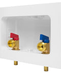 Premium Washing Machine Outlet Box With One Half Inch Pex Inlet To Three Quarter Inch MHT Outlet, showing hot and cold shutoffs