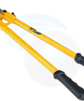 Beast Of A Heavy Duty Bolt Cutter For Padlocks And Chains And More 24 Inch With Ergonomic Non Slip Handle Hardened Steel Jaws Adjustable Blade Alignment Cuts Thick Steel Rivets Rods And Wire With Ease, showcasing yellow handles.