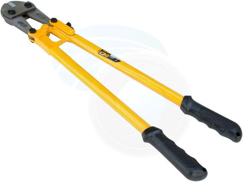 Beast Of A Heavy Duty Bolt Cutter For Padlocks And Chains And More 24 Inch With Ergonomic Non Slip Handle Hardened Steel Jaws Adjustable Blade Alignment Cuts Thick Steel Rivets Rods And Wire With Ease, showcasing yellow handles.