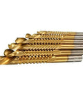 High Speed Steel Hex Shank Saw Tooth Drill Bits Wood Aluminum Plastic Cutting Kit Three Millimeter To Eight Millimeter Six Piece Set displayed at an angle.