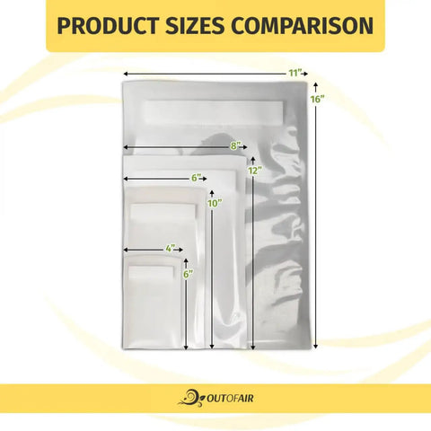 Product sizes comparison of 100 Count Pre Cut 4x6 Vacuum Sealer Bags 4 Mil Commercial Grade BPA Free Beefy Durable
