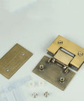 Rock Solid Frameless Glass Shower Door Hinge For Modern Bathrooms Featuring Zero Hassle Installation And Smooth 180 Degree Swing Action With Durable 304 Stainless Steel In Sleek Brushed Gold Finish parts including hinge, plates, and screws.