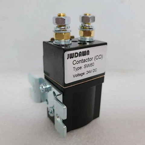 Jwdaun Dc Solenoid Relay Contactor Sw60 For Electric Vehicles And Golf Carts 12V 24V 48V 80A showing a side view of a 24V DC contactor with M6 terminals.