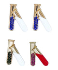 4 Piece Chemistry Beaker Brooch Set With Flask Design, metal alloy pins in blue, red, green colors, showing assorted enamel finishes