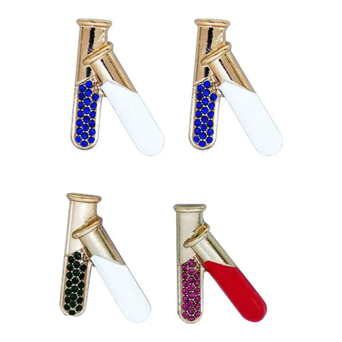 4 Piece Chemistry Beaker Brooch Set With Flask Design, metal alloy pins in blue, red, green colors, showing assorted enamel finishes