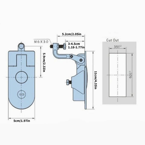 Diagram of a Two Piece Flush Mount Trailer Access Door Latch Set With Push Button Cylinder Closure for Paired Baggage Panels