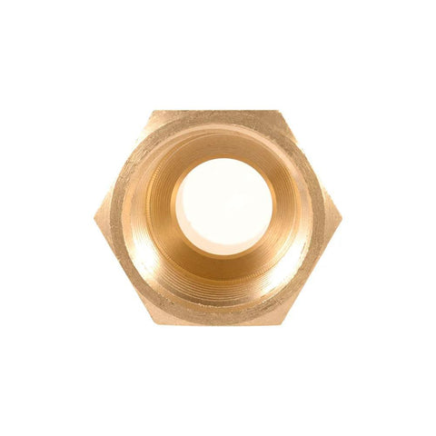 Top view of a brass NPT hex bushing adapter showing internal threading and hexagonal shape for secure pipe connections.