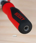 Close-up of the handle of a Hardcore Heavy Duty K Body Clamp Kit featuring a red and black grip for woodworking.
