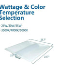 2x2 Ft LED Recessed Troffer Light, 4680LM Ultra Bright 3500K/4000K/5000K Selectable, angled view with dimensions