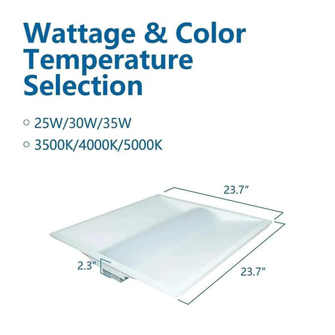 2x2 Ft LED Recessed Troffer Light, 4680LM Ultra Bright 3500K/4000K/5000K Selectable, angled view with dimensions