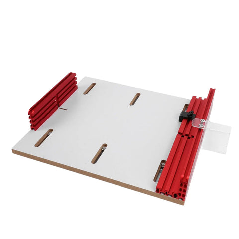 Heavy Duty Table Saw Crosscut Sled With Adjustable Aluminum Track Fence For Bullseye Alignment, featuring red aluminum rails.