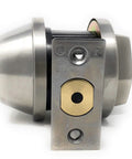 Deadbolt cylinder with stainless steel body and brass thumb-turn on a metal backplate.
